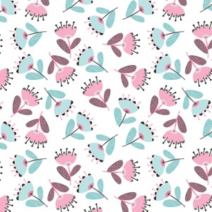May include: A seamless pattern featuring pink and blue stylized flowers with black stems and leaves on a white background.