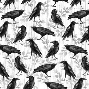 May include: A repeating pattern featuring black crows in various poses against a white and gray background with a wood grain and leaf design. The crows are detailed with visible feathers and beaks, creating a gothic or Halloween theme.