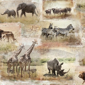 Global Lux, Digital Print, &quot;Global Animal Scenic&quot; on beige, from 3 Wishes Fabric,  yard