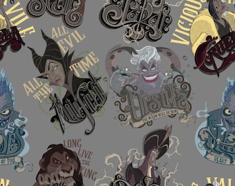 Disney Villains, Villains Chalk on Gray, cotton fabric, yard