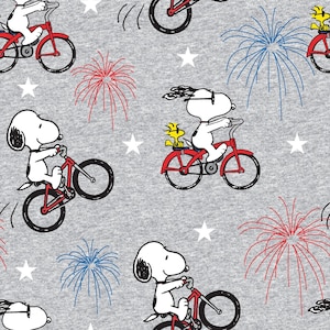 Patriotic Snoopy Fabric, Peanuts,   Snoopy and Woodstock Fireworks on Light Grey, 100% cotton fabric, yard
