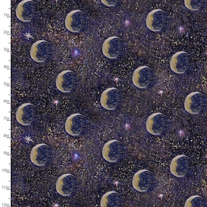 May include: A repeating pattern of crescent moons and stars on a dark blue background. The moons have a yellow-gold crescent against a dark blue face. Small, pink stars and gold specks fill the space.