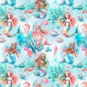 Underwater Mermaids on blue Digital cotton, by Timeless Treasures
