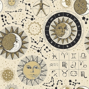 The Sun, The Moon, & the Stars by In the Beginning Fabrics, Digital Print, on beige