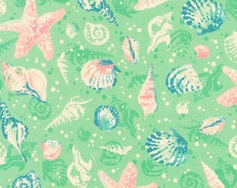 Wishwell: Sunset Coast, Sea Shells  and Starfish on Seafoam Green,  Robert Kaufman fabrics, yard