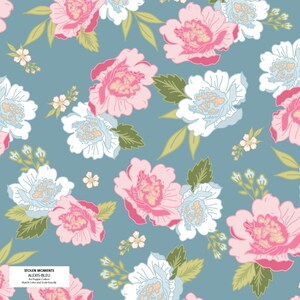 Stolen Moments, &quot;Alexis&quot; on blue - Large blooms on blue by Poppie Cotton,  100% Cotton Fabric