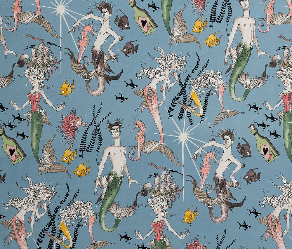 Alexander Henry - Ghantis Ghastlie - Mermaids and Mermen on Blue, LAST 23 Inches