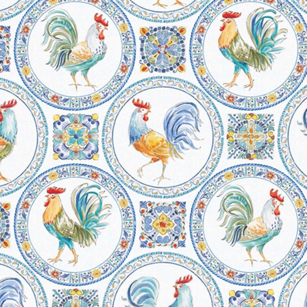 Morning Bloom -  Medallion Chickens on white  by David Textiles, yard