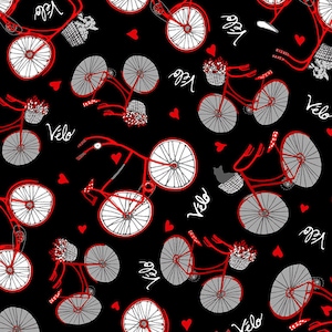 BONJOUR - New collection from  Timeless Treasures, Parisian Tossed Bikes on black, yard