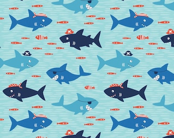 From Camelot Fabrics, "Sharks are Jawesome" on blue- Cotton FLANNEL, Pirate sharks