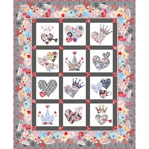 May include: A rectangular quilt featuring a grid of twelve white squares, each containing patterned hearts, crowns, and teacups in shades of pink, blue, gray, and black. The border is decorated with a vibrant floral and heart-shaped pattern.