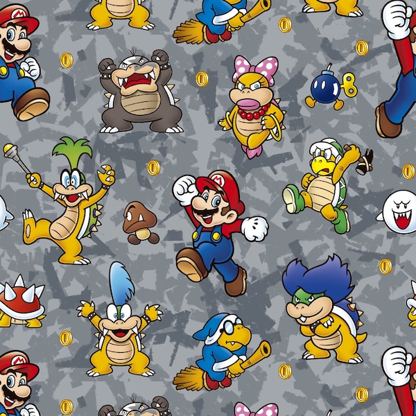 Super Mario Bros.   "Mario!" on Dark Gray, Brutus, Nintendo,  100% cotton Fabric, Yard
