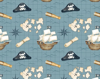 From Camelot Fabrics, "Treasure Map" on Blue - Cotton FLANNEL, Pirate ships and Maps