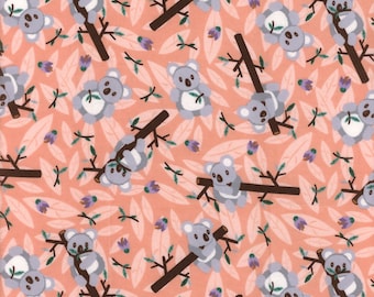May include: A pink fabric with a repeating pattern of gray koalas holding onto branches with green leaves. The background is a light pink with small purple flowers.
