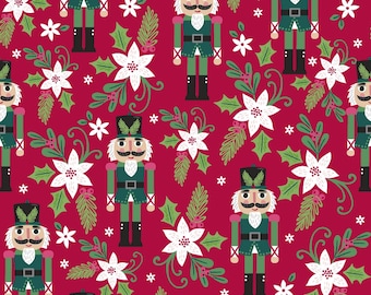 May include: A seamless pattern featuring a repeating design of nutcracker soldiers and white poinsettia flowers on a red background.