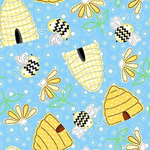 May include: A blue background with a repeating pattern of yellow and white beehives, bees, and flowers. The beehives have white polka dots and yellow stripes. The bees are black and yellow with zigzag patterns. The flowers are yellow with white centers.