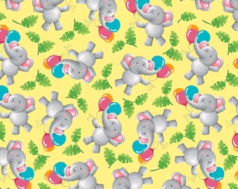 Party Animals Collection, "Tossed Elephants" on Yellow, from Henry Glass Fabrics