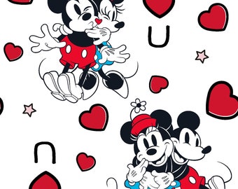 Mickey &Minnie Vintage I Love You on white 100% Cotton, yard