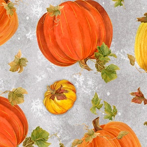 Fall Splendor, Tossed Pumpkins on Gray by Quilting Treasures,  yard