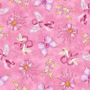 Studio E Fabrics, &quot;Pink Power&quot;,  Tossed Motifs, Pink Ribbon,  100% cotton