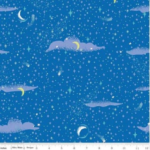 May include: A blue fabric with a repeating pattern of white stars, light blue shooting stars, and purple clouds with yellow crescent moons.