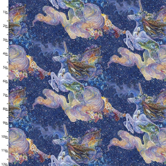 3 Wishes Fabrics の Celestial Journey Unicorn、青いヤードの