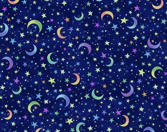 Hootie Patootie - Moon and Stars Toss on blue, 100% cotton from P&B Textiles