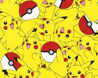 P0KEMON fabric, Pikachu and Poke Balls, Gamer fabric, Licensed Pokemon Fabric on yellow