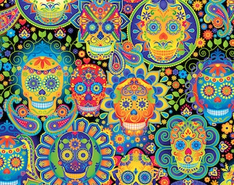 Timeless Treasures, Bright Sugar Skulls on black, cotton Fabric,  1 yard