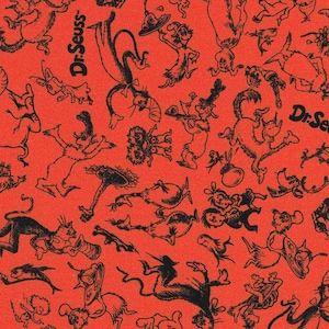 From Robert Kaufman fabrics, Celebrate Seuss, Character Toss On Red from Dr. Seuss fabrics