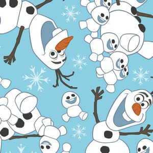 May include: A blue background with a repeating pattern of Olaf the snowman from the movie Frozen. Olaf is shown in various poses with his signature carrot nose and twig arms. There are also snowflakes scattered throughout the pattern.
