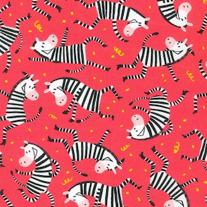 May include: A repeating pattern of black and white zebras on a bright red background. The zebras are in various poses, some are standing on their hind legs, some are lying down, and some are upside down. There are yellow confetti scattered throughout the pattern.