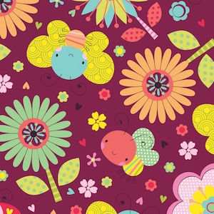 May include: A seamless pattern featuring colorful butterflies, flowers, and leaves on a deep purple background. The design is whimsical and playful, perfect for adding a touch of nature to any project.