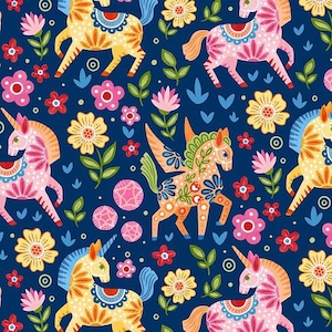 Fiesta collection, &quot;Fantasy Figurines&quot; on Navy, Colorful Unicorns, Pegasus