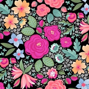 Lollie&#39;s Garden - Floral on Black -Quilting Treasures