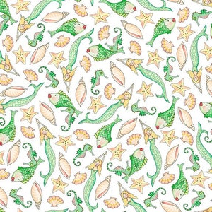 Quilting Treasures, &quot;Mermaid Merriment&quot;  Mermaids and Sea critters on  White, Yard