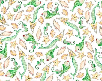 Quilting Treasures, "Mermaid Merriment"  Mermaids and Sea critters on  White, Yard