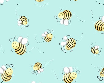 World of SusyBee, Sweet Bees - Fat happy Bees on Aqua, 100% cotton fabric, yard