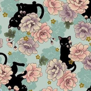 Quilt Gate Fabrics, Neko Mini Metallic  Cats , Aqua Floral, 100% cotton