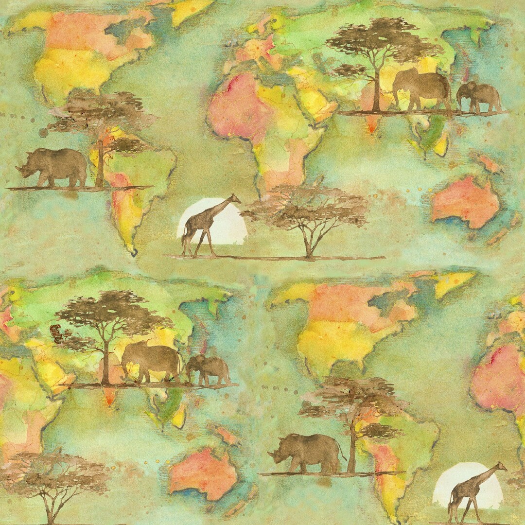 Into the Wild by 3 Wishes Fabrics, world Map Digital Print Etsy