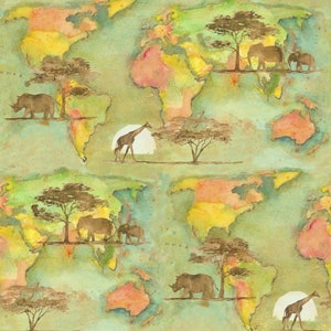 Into the Wild de 3 Wishes Fabrics, impresión digital "World Map"