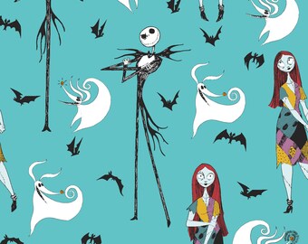 Nightmare Before Christmas, Jack and Sally with Zero on Teal blue