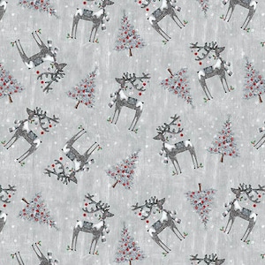 Frohe Botschaft! von Blank Quilting fabrics, Tossed Rentier mit Weihnachtsbäume, Baumwollstoff, yard