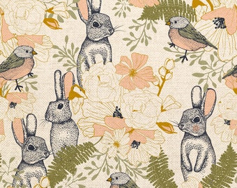 Collection Brise d'automne, Brise d'automne, lapin et roses sur blanc - Paintbrush Studio Fabrics