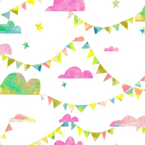 NOUVEAU &quot;You, Me and the Trees&quot; de Designer Colleen Overman, Watercolor Clouds et Garland on white, Clothworks Fabrics, yard