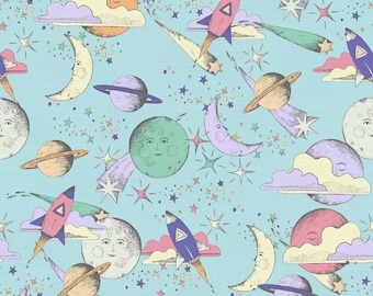 Dreamy By Allira Tee, "Solar System" aus blauem Baumwollstoff von Paintbrush Studios, Meterware