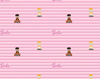 May include: Pink and white striped fabric with a repeating pattern of Barbie dolls wearing sunglasses. The fabric has the word "Barbie" printed in pink on each stripe.