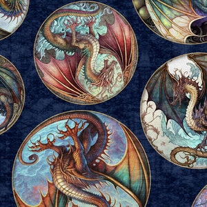 May include: A repeating pattern of colorful dragons in circular frames on a dark blue background. Each dragon is depicted with intricate details and vibrant colors, including red, green, blue, and gold.