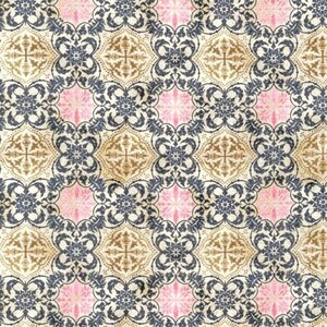 May include: A repeating pattern with floral and geometric designs in a grid. The pattern incorporates navy blue, gold, and pink elements on a cream background. The design has a vintage or antique aesthetic.