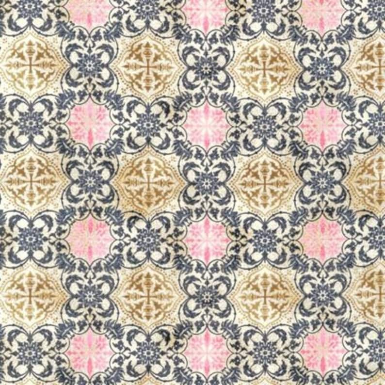 May include: A repeating pattern with floral and geometric designs in a grid. The pattern incorporates navy blue, gold, and pink elements on a cream background. The design has a vintage or antique aesthetic.